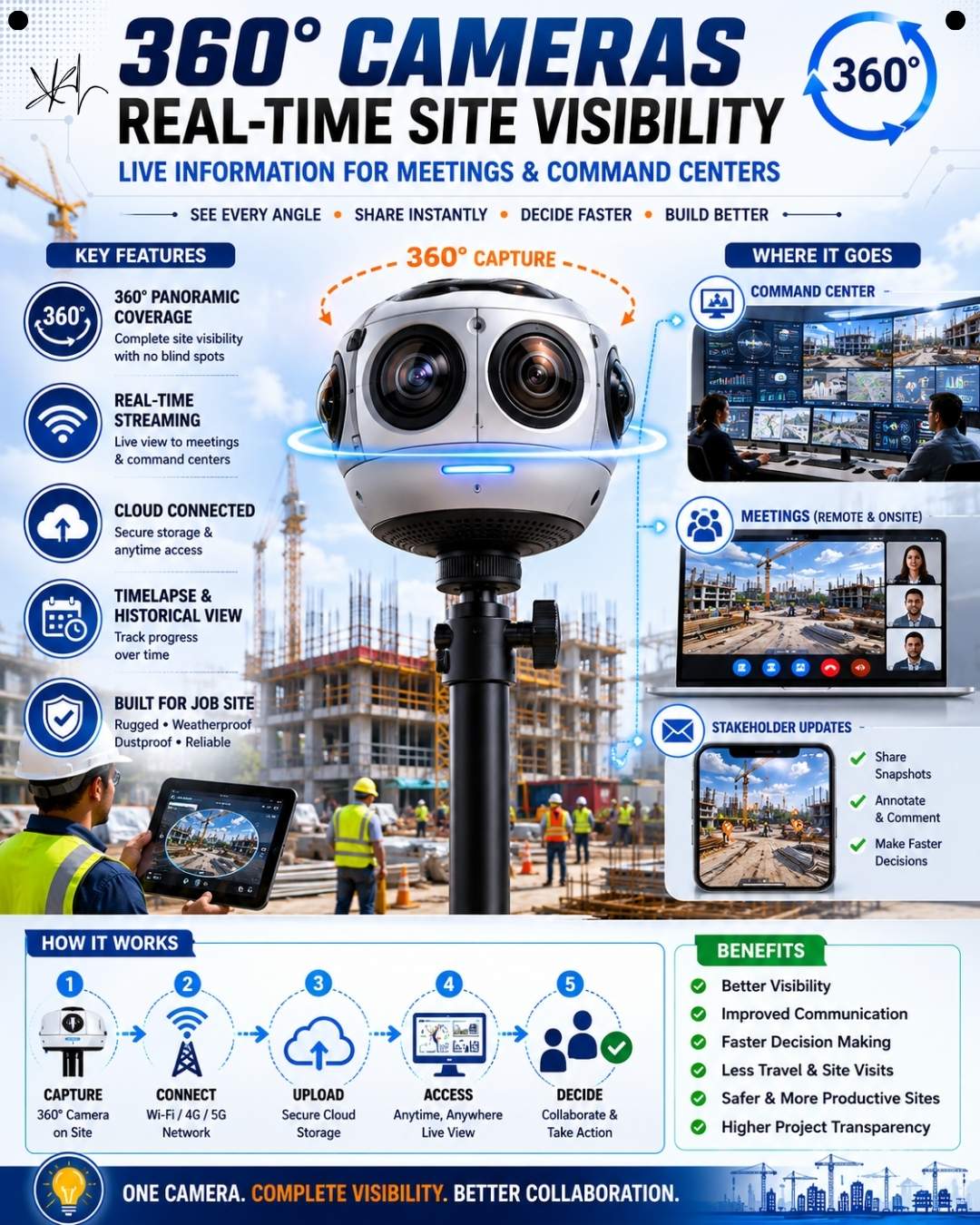 360-degree construction camera on a jobsite streaming live video to a command center, remote meetings, and stakeholder updates