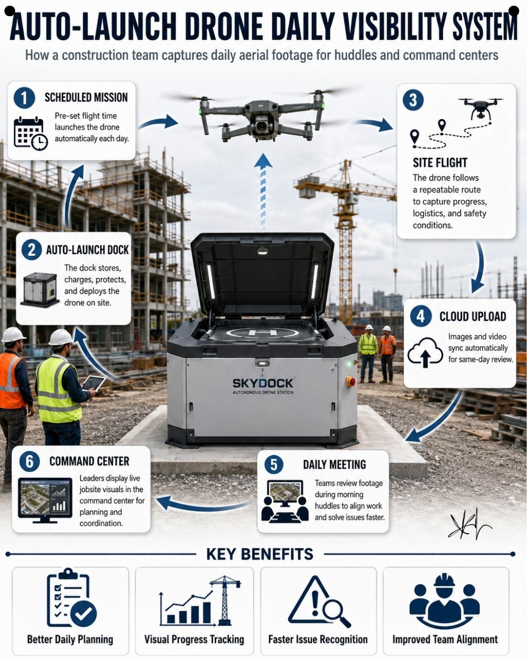Auto-launch drone daily visibility system: drone dock on a jobsite, scheduled flight, cloud upload, daily huddle review, and command center display