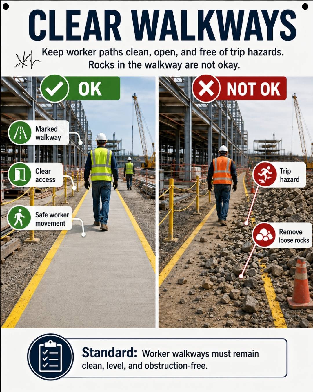 Clear walkways standard: a clean marked jobsite walkway (OK) next to a walkway covered in loose rock and trip hazards (Not OK)