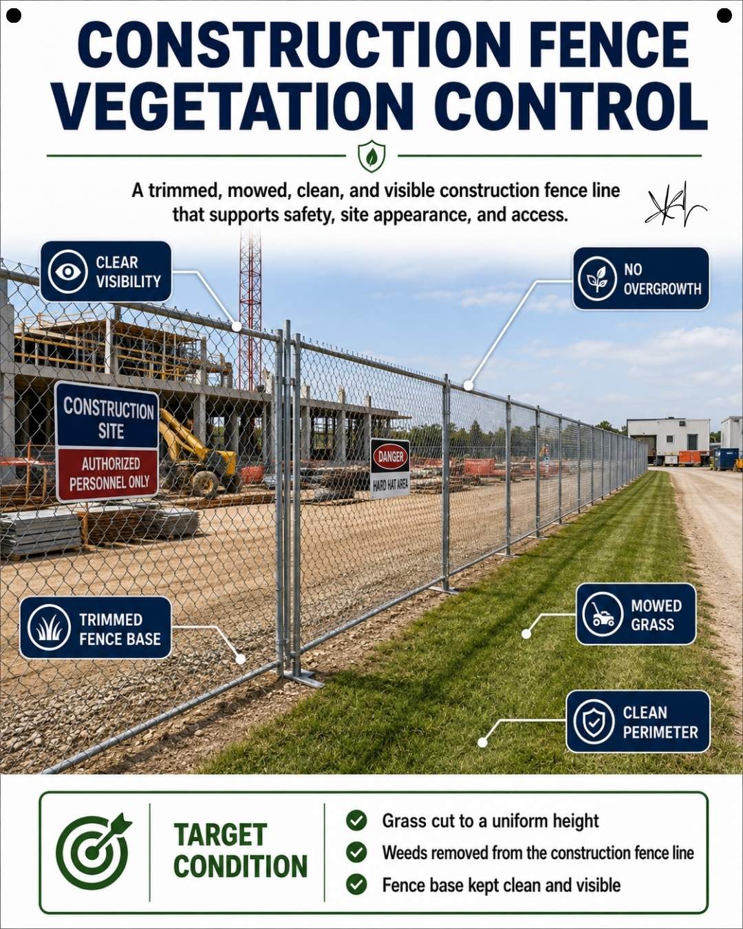 Construction fence vegetation control: mowed grass, trimmed fence base, and clear visibility along a temporary chain-link jobsite fence