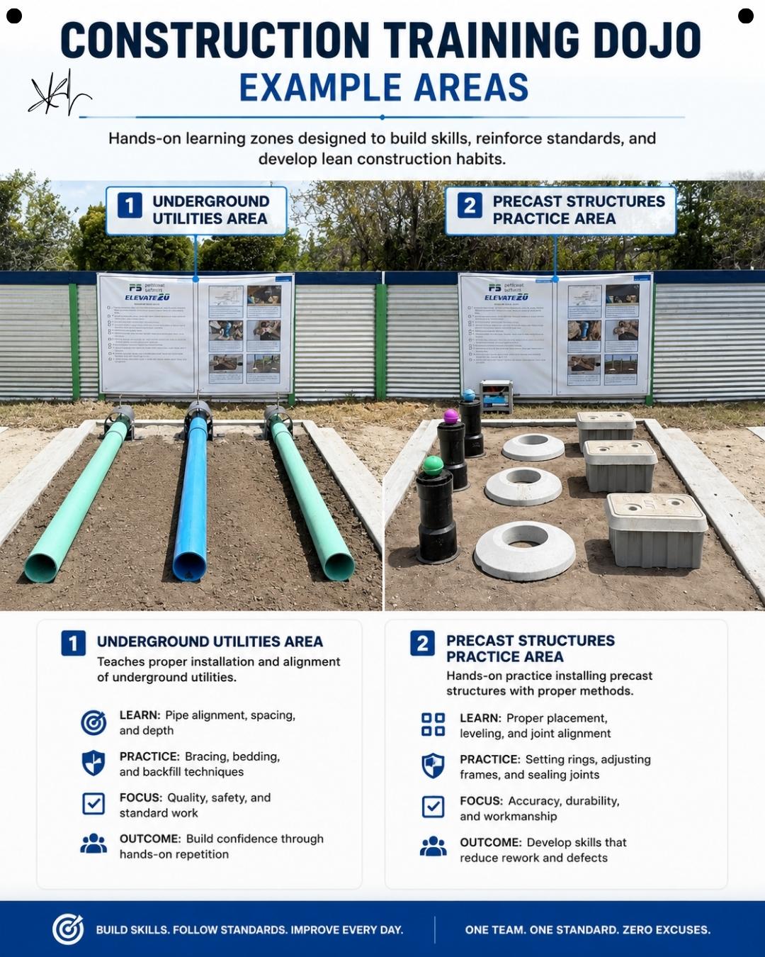 Construction training dojo example areas: an underground utilities pipe practice area and a precast structures practice area with rings and frames