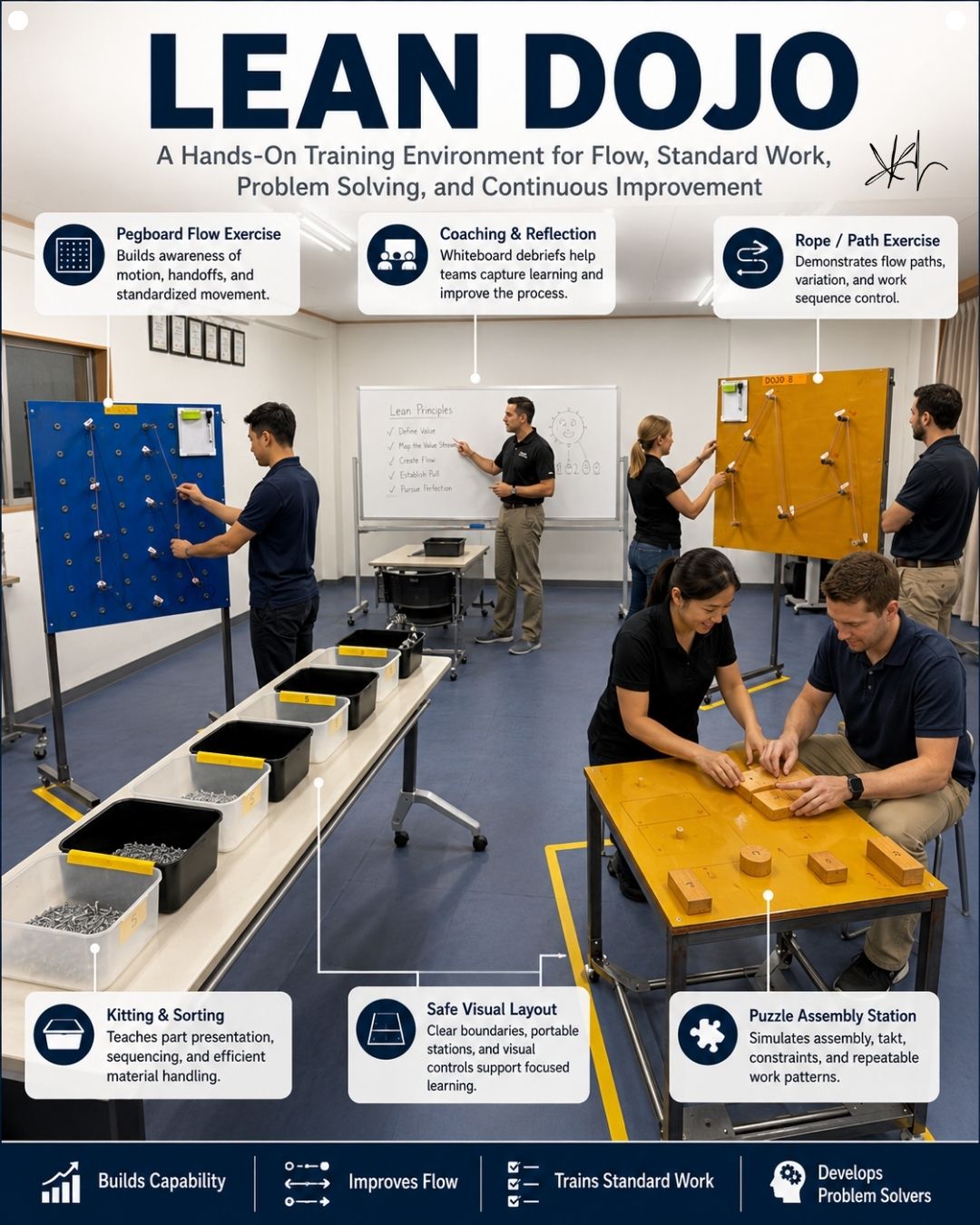 Lean Dojo training room with pegboard flow exercise, kitting and sorting bins, puzzle assembly station, and rope and path exercise