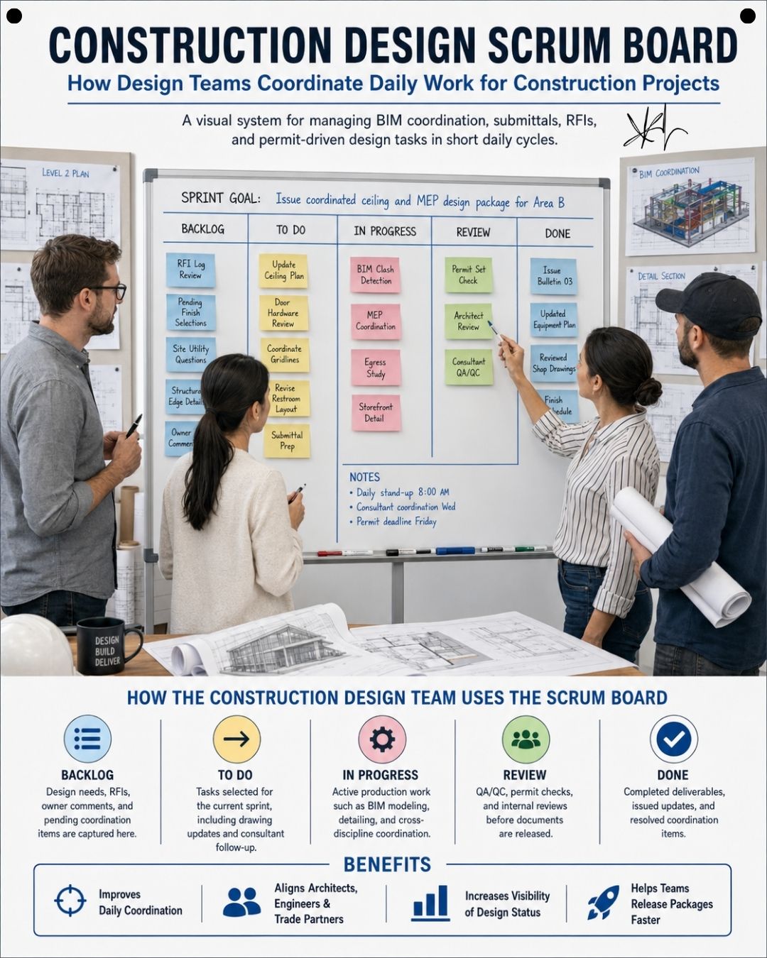 Construction design Scrum board with backlog, to do, in progress, review, and done columns used by a design team for RFIs, BIM coordination, and permit tasks