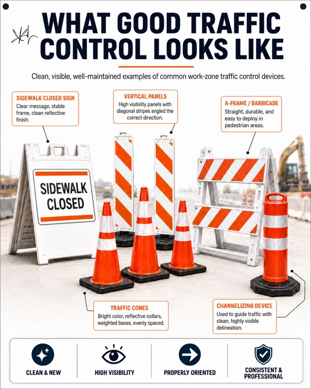 Examples of good construction traffic control: sidewalk closed sign, striped vertical panels, A-frame barricade, traffic cones, and a channelizing drum