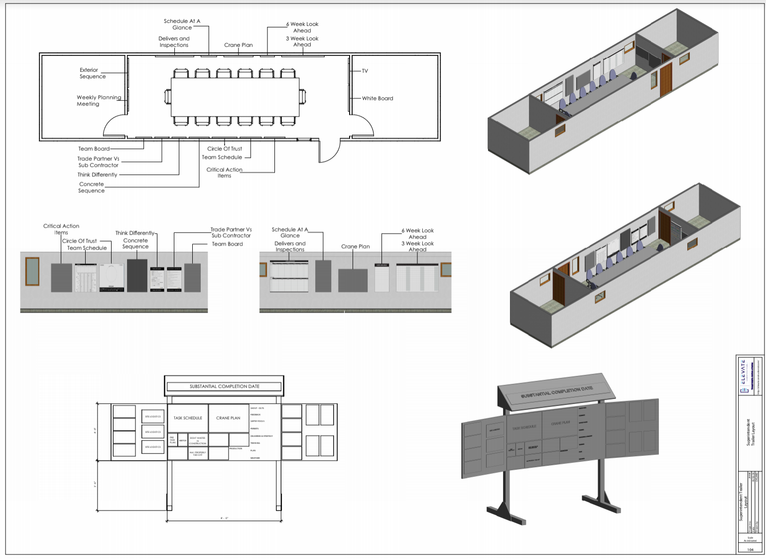 Jobsite trailer layout with the huddle board placed where the whole team can see it